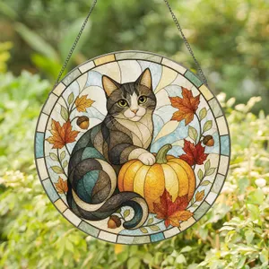Curled Cat And Golden Pumpkin For Cozy Autumn Decor, Reading Corners, And Cat Lovers Stained Glass Suncatcher