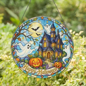 Happy Halloween Haunted House Ghosts and Pumpkins for Spooky Seasonal Home Decor Stained Glass Suncatcher