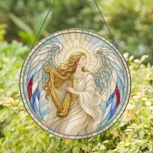 Divine Angel Harp Player Christian Wall Art for Worship and Meditation Areas Stained Glass Suncatcher
