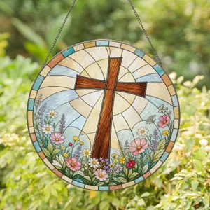 Christian Cross With Meadow Wildflowers For Faith Decor And Prayerful Home Gifting Stained Glass Suncatcher