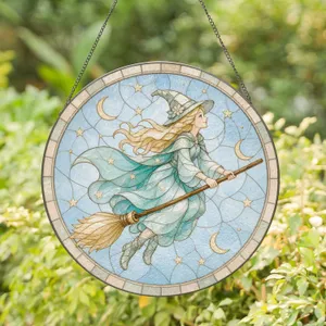 Enchanting Witch on Broomstick Soaring for Magical Halloween Seasonal Decor Stained Glass Suncatcher