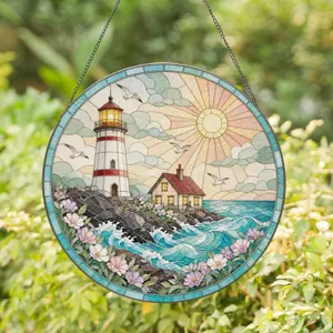 Coastal Lighthouse at Ocean Sunset with Seagulls and Flowers for Window Display Stained Glass Suncatcher