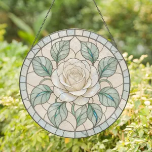 White Rose Floral Circle for Spring Romantic Home Decor Mother's Day Wedding Gift Stained Glass Suncatcher