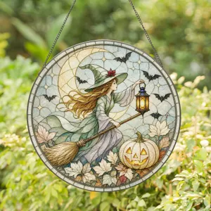 Halloween Witch On Broom With Moon Pumpkin Autumn Decor Gift Stained Glass Suncatcher