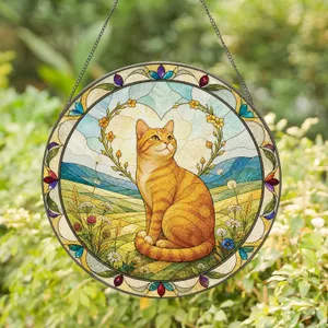 Orange Cat Meadow Memorial Gift for Cat Moms, Nature Lovers, and Loving Families at Home Stained Glass Suncatcher