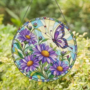 Purple Aster Garden With Butterfly For September Birthday Gift For Grandma And Mom Stained Glass Suncatcher
