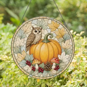Autumn Owl Pumpkin Harvest Scene for Cozy Rustic Home Decor Stained Glass Suncatcher