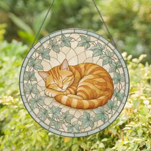 Peaceful Orange Tabby Cat in Circular Stained Glass for Feline Lover Home Accent Stained Glass Suncatcher