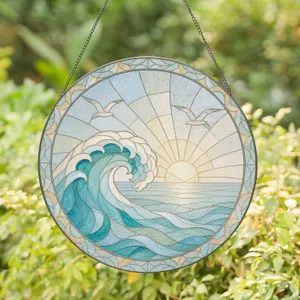 Golden Sunrise Over Rolling Ocean Waves Enhancing Serene Coastal Beach House Decor Stained Glass Suncatcher