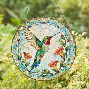 Colorful Hummingbird Garden Gift for Nature Lovers and Cheerful Botanical Home Decor Stained Glass Suncatcher