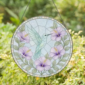Vibrant Hummingbird Hovering Near Purple Flowers For Peaceful Nature Lover Sanctuaries Stained Glass Suncatcher