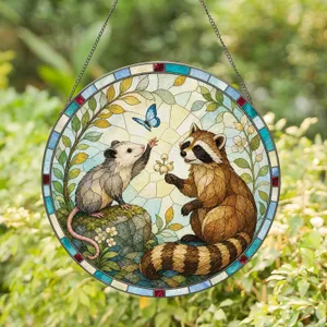 Playful Opossum and Raccoon Friendship Scene for Woodland Nature Lovers Gift Giving Stained Glass Suncatcher