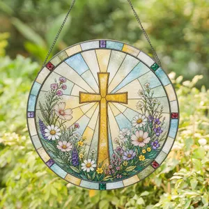 Cross And Wildflowers For Christian Faith Decor, Spring Home Gift For Christian Believers Stained Glass Suncatcher