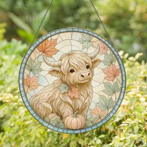 Highland Cow Autumn Maple Leaves Pumpkin Fall Decor Thanksgiving Gift Stained Glass Suncatcher