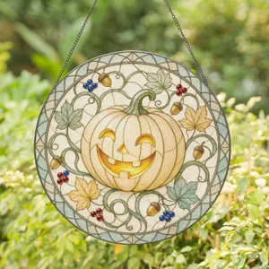 Glowing Jack O Lantern Pumpkin Design for Fall Halloween Cottagecore Seasonal Decor Stained Glass Suncatcher