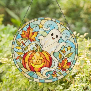 Ghost Pumpkin Halloween Decor With Autumn Leaves For Cozy Seasonal Home Styling Lovers Stained Glass Suncatcher