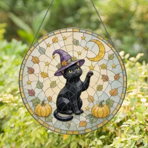 Black Cat Witch Hat Crescent Moon Pumpkins Autumn Fall Decor Stained Glass Suncatcher
