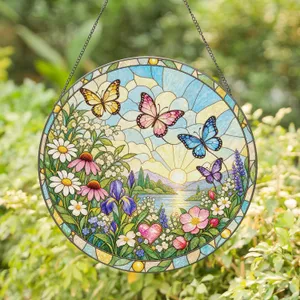 Floral Memorial Tribute With Butterflies For Grieving Loved Ones And Remembrance Stained Glass Suncatcher