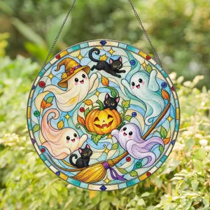 Halloween Ghost Family With Black Cats And Pumpkin For Whimsical Autumn Home Decor Stained Glass Suncatcher