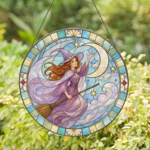 Flying Witch Beneath a Crescent Moon for Halloween Home Decor and Spooky Autumn Gifting Stained Glass Suncatcher