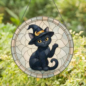 Vintage Inspired Black Cat Wearing Witch Hat for Halloween Cat Lover Home Decor Stained Glass Suncatcher