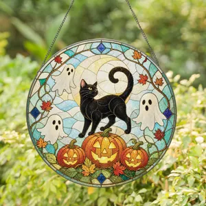 Ghost Cat and Jack-O'-Lantern Halloween Decor for Autumn Gift Giving, Spooky Home Stained Glass Suncatcher