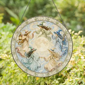 Group of Five Witch Sisters Performing Circular Dance Under Full Moon for Halloween Stained Glass Suncatcher