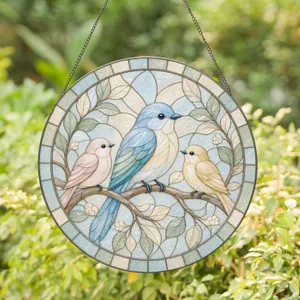 Grandpa Bird Family Scene for Father's Day Celebration and Birthday Stained Glass Suncatcher