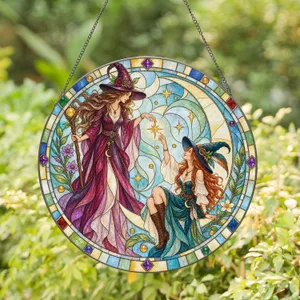 Two Best Friend Witches Under a Harvest Moon for Halloween Party Window Home Decor Stained Glass Suncatcher