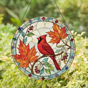 Red Cardinal Autumn Wreath with Maple Leaves for Cozy Seasonal Home Decor Gift Idea Stained Glass Suncatcher