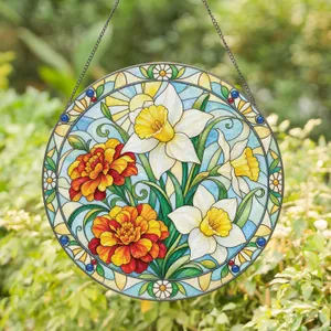 Daffodil and Marigold Blooms for Sunny Mother’s Day Garden Decor for Mom and Garden Lovers Stained Glass Suncatcher