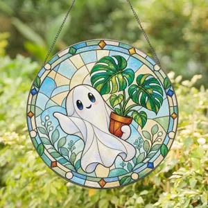 Cute Ghost With Monstera Plant, Cheerful Halloween Decor For Plant Lovers And Mom Stained Glass Suncatcher