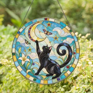 Black Cat Moon Halloween Decor for Celestial Cat Lovers and Cozy Gothic Home Style Stained Glass Suncatcher