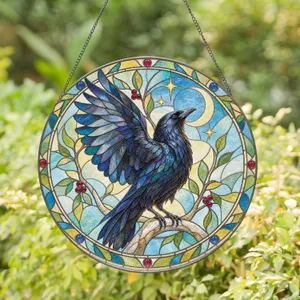 Black Raven And Moonlit Branches For Gothic Home Accents And Witchy Nature Lovers Stained Glass Suncatcher