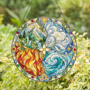 Four Elements Fire Water Earth Air Gift for Nature Lovers and Mystical Home Decor Stained Glass Suncatcher