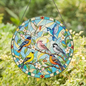 Colorful Seven Bird Circle for Cottage Decor, Garden Rooms, and Nature Lover Gifts Stained Glass Suncatcher