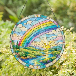 Rainbow Sunrise Over Flowing River Window Accent For Mom's Peaceful Living Space Stained Glass Suncatcher