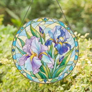 Purple And Blue Iris Flower Pair For Housewarming Decor And Botanical Home Accent Gift Stained Glass Suncatcher