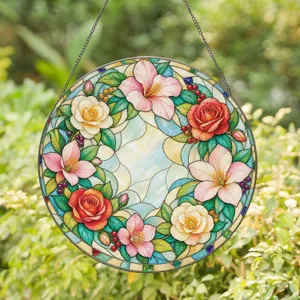 Floral Wreath for Housewarming Decor, Front Door Accent, Grandma’s Garden Gift for Mom Stained Glass Suncatcher