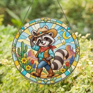 Cartoon Raccoon Cowboy Western Nursery Gift for Kids Room and Country Home Decor Stained Glass Suncatcher