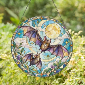 Two Bats Beneath a Golden Moon for Gothic Halloween Decor, Couples, and Night Lovers Stained Glass Suncatcher