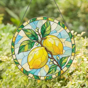 Yellow Lemon Branch Circle for New Home Kitchen Decor Accent, Gift for Mom or Grandma Stained Glass Suncatcher