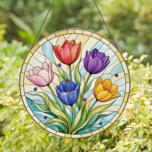 Five Tulips Floral Garden Keepsake for Housewarming and Mother's Day Home Decor Gift Stained Glass Suncatcher
