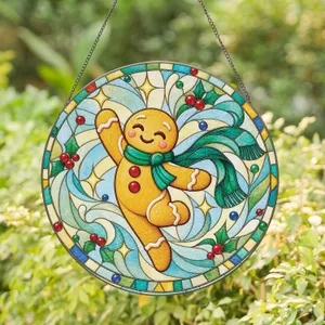 Cheerful Gingerbread Scarf Character for Cozy Holiday Decor and Kids Room Gift Ideas Stained Glass Suncatcher