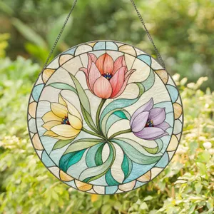 Three Tulips in a Sunlit Circle for Plant Lovers, Mother's Day and Grandma Gifts Stained Glass Suncatcher