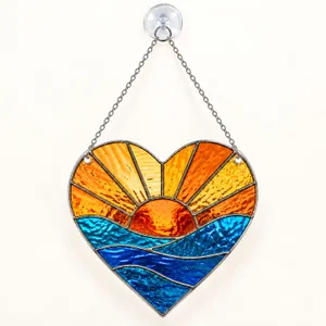 Stained Glass Heart Sunset Ocean Waves Coastal Home Accent For Housewarming Gifts Custom Shape Window Hanging Acrylic Ornament