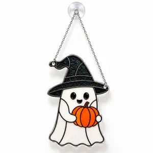 Spooky Ghost Holding Pumpkin for Halloween Decor, Witch Hat Haunted Home Accent Gift Custom Shape Window Hanging Acrylic Ornament