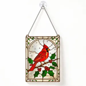 Stained Glass Cardinal Holly Scene for Winter Holiday Window Decor and Bird Lovers Custom Shape Window Hanging Acrylic Ornament