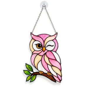 Pink Owl Stained Glass Suncatcher for Bird Lovers, Woodland Home Decor Gift Idea Custom Shape Window Hanging Acrylic Ornament