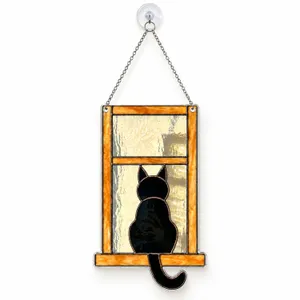 Black Cat Stained Glass Window Scene for Cozy Home Decor and Cat Lover Gifts at Home Custom Shape Window Hanging Acrylic Ornament